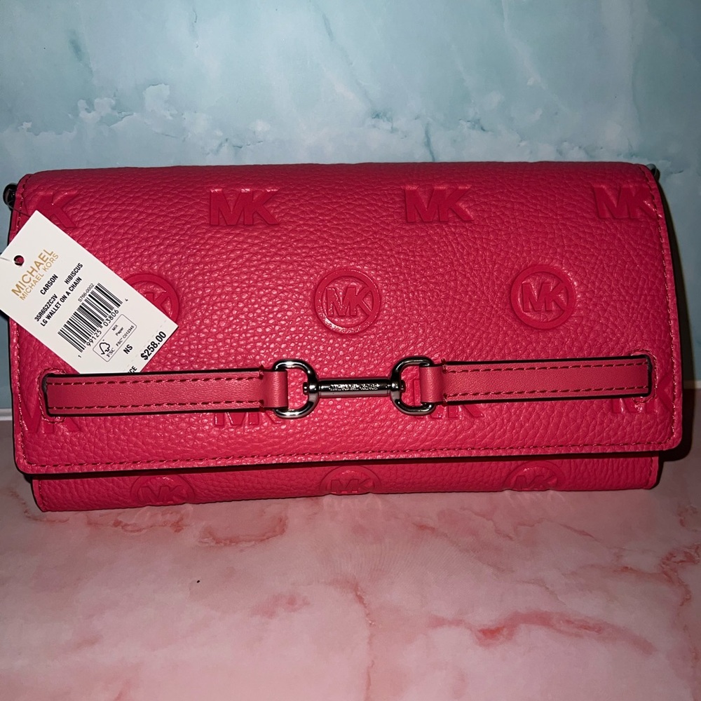 Michael Kors Hot Pink Embossed MK Continental Cossbody Wallet